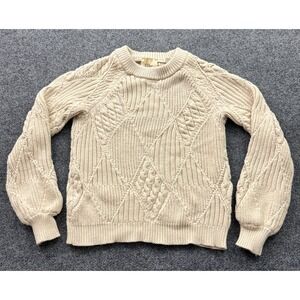 Elie Tahari Sweater Womens S Cream Diamond Cable Knit Chunky Patchwork Coastal